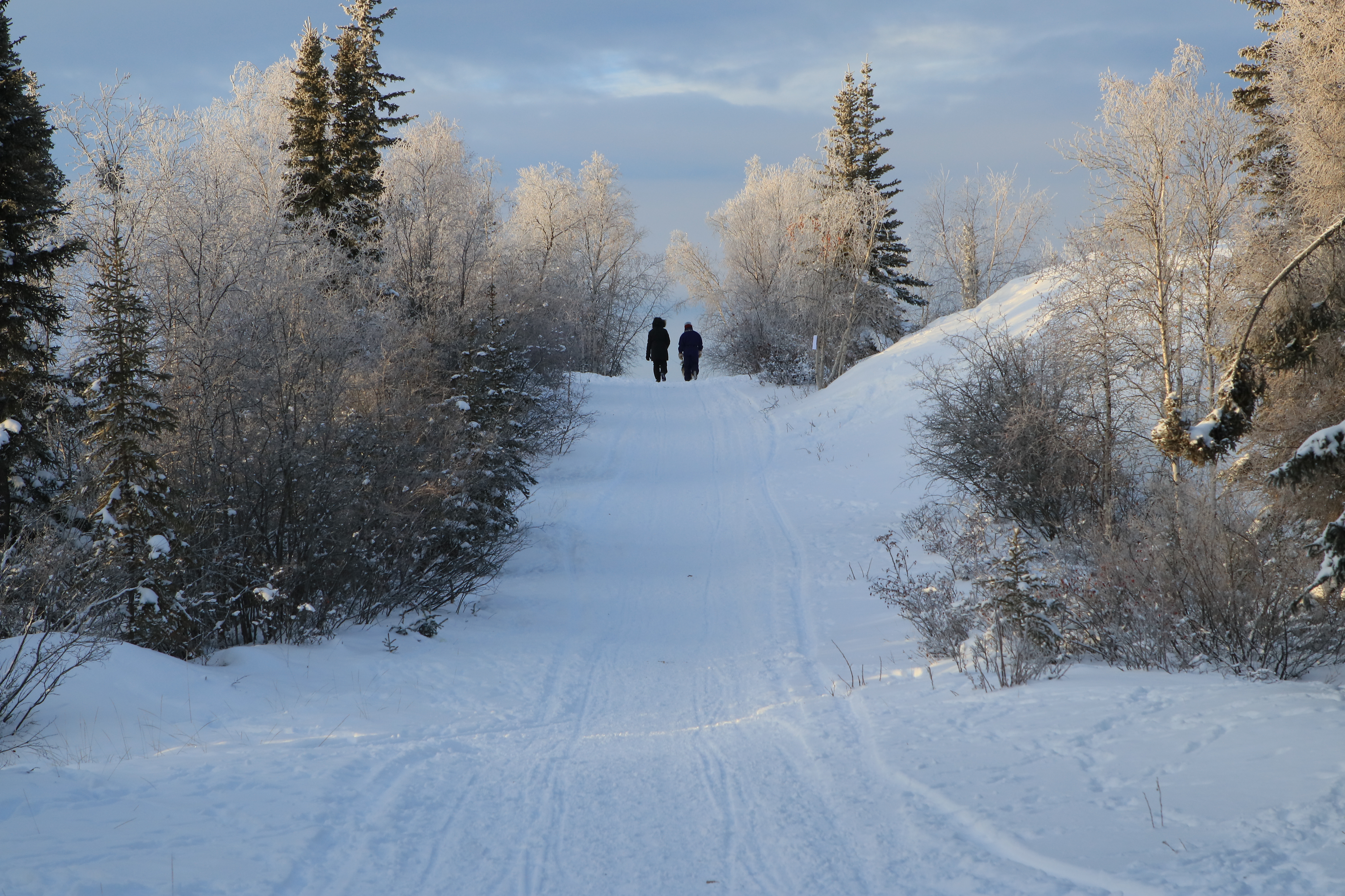 People go for a morning stroll along a trail at Tin Can Hill in Yellowknife, N.W.T., Canada. January 2019.