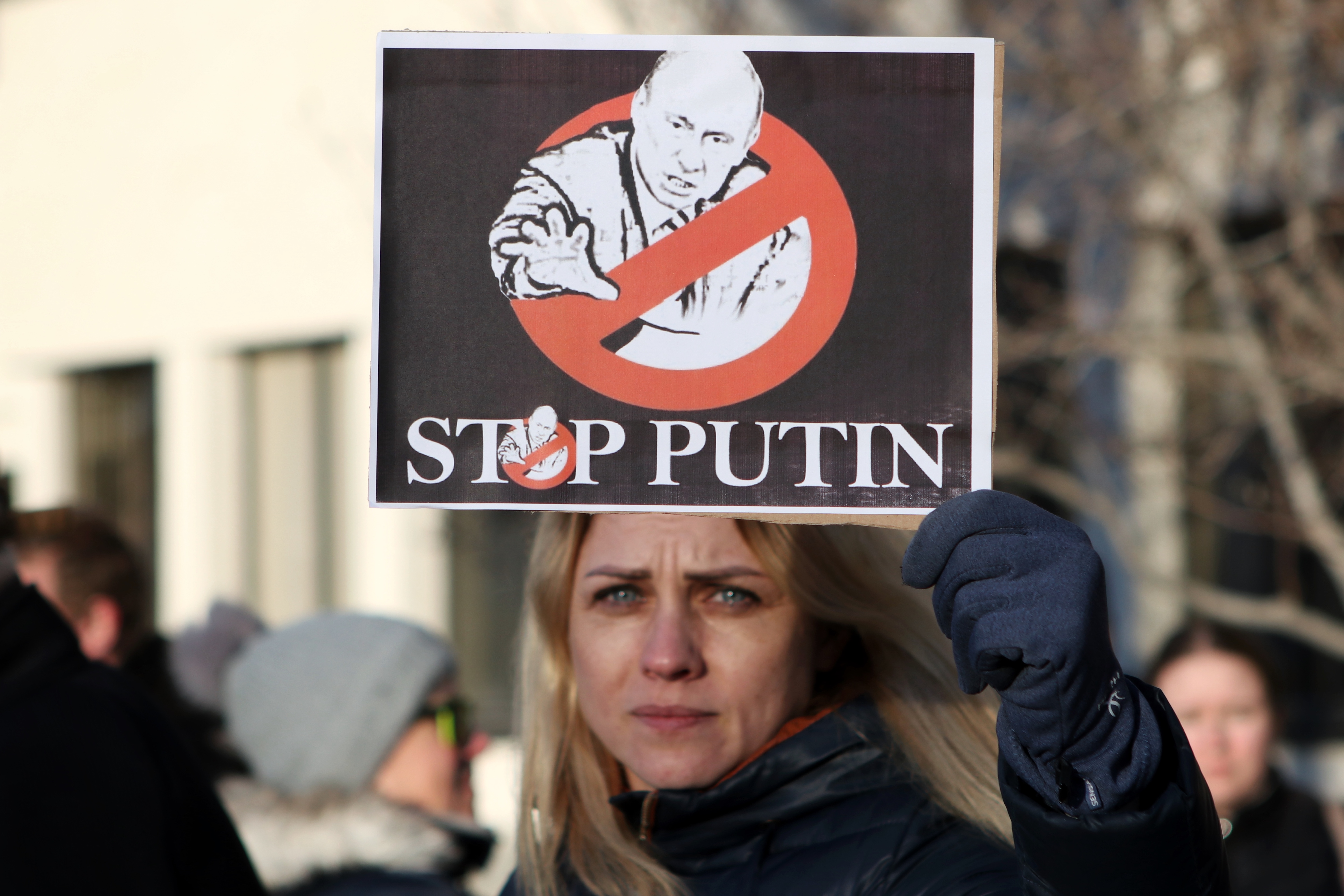 Members of the Ukrainian community in Kelowna, B.C., organized a solidarity rally for Ukraine outside of city hall on Feb. 24, 2022, following the Russian invasion of Ukraine earlier that day.