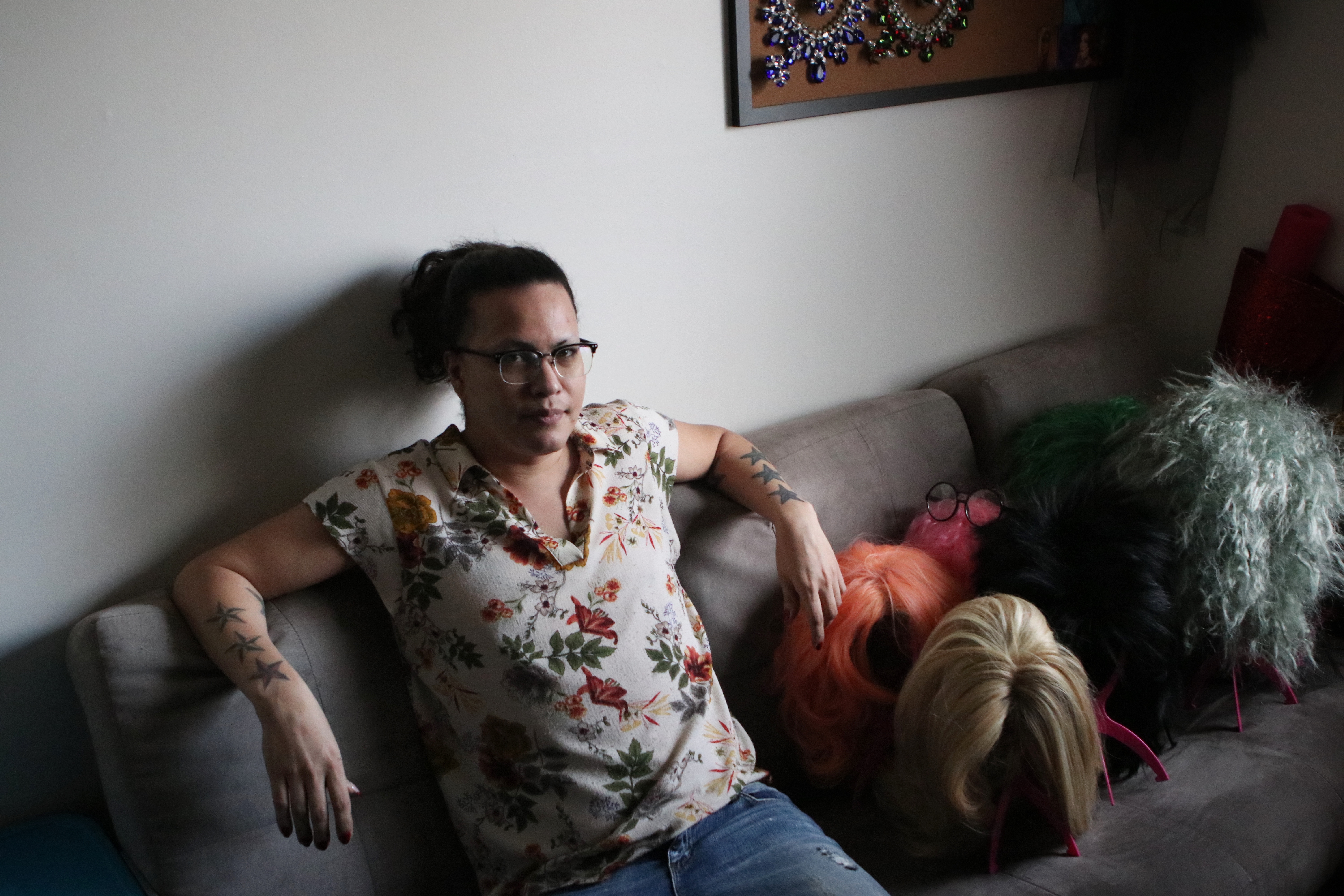 Dustin Dufault (Ella Lamoureux), a Kaska Dena Two-Spirit drag artist, poses for a portrait in their makeup and wardrobe room at their Kelowna, B.C., home on Jan. 27, 2022. (Photo by Aaron Hemens for IndigiNews)