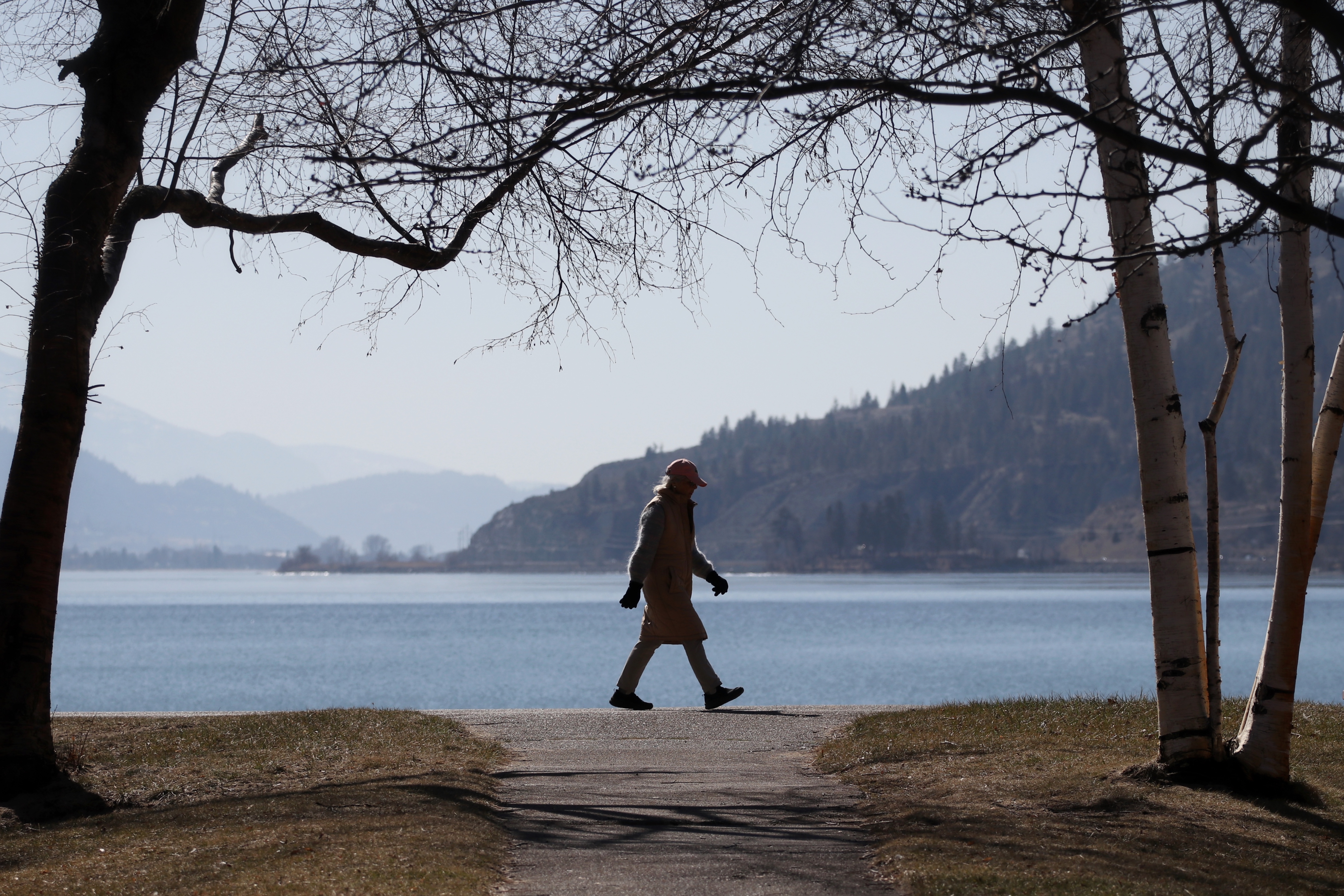 A person walks near the shore of cnxəlkip (Sun-Oka Beach Park) by kɬúsx̌nítkʷ (Okanagan Lake) in syilx homelands on March 22. Photo by Aaron Hemens for IndigiNews